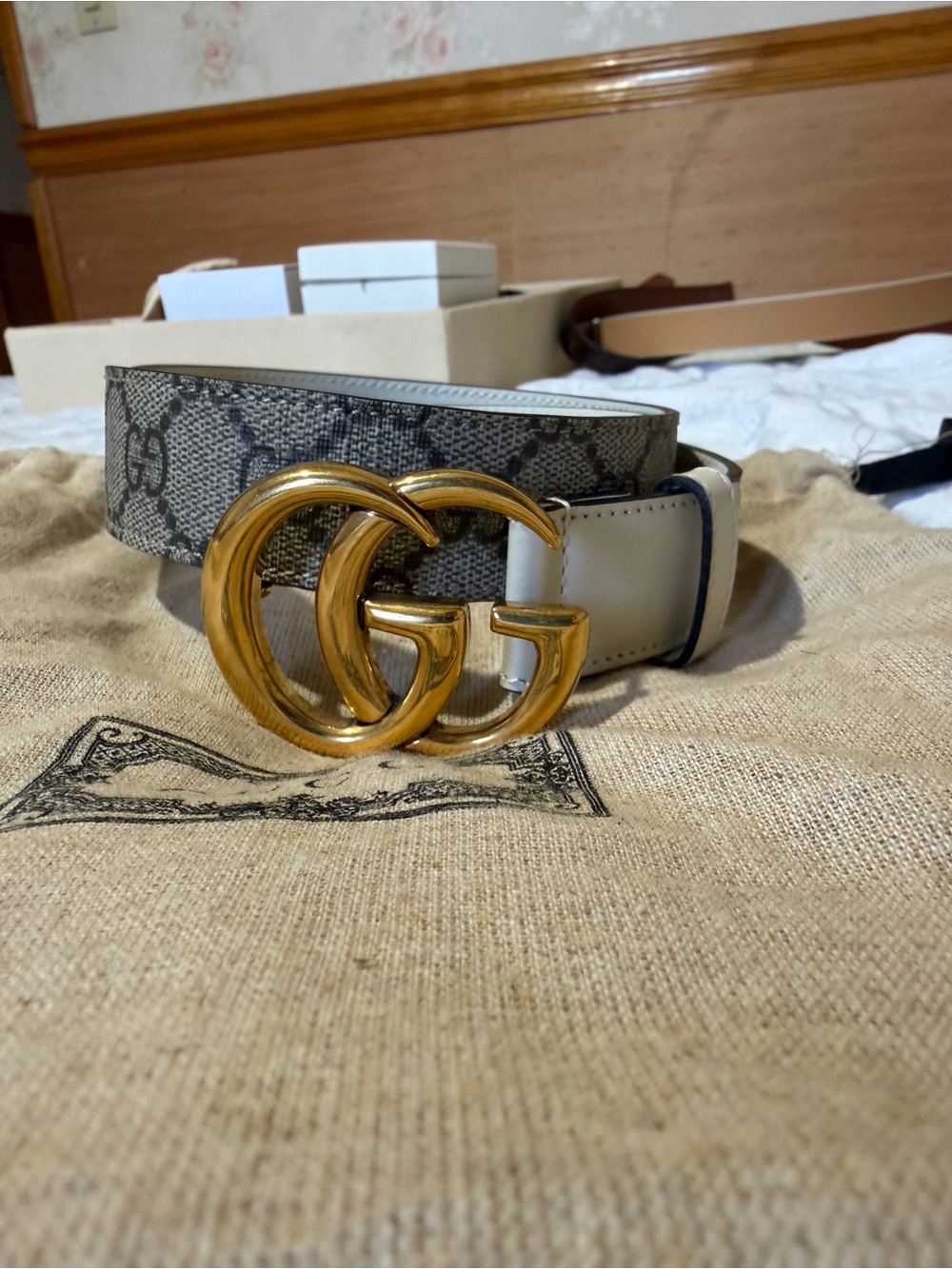 Gucci Beige Monogram Canvas Belt with White Trim and Gold Double G Buckle